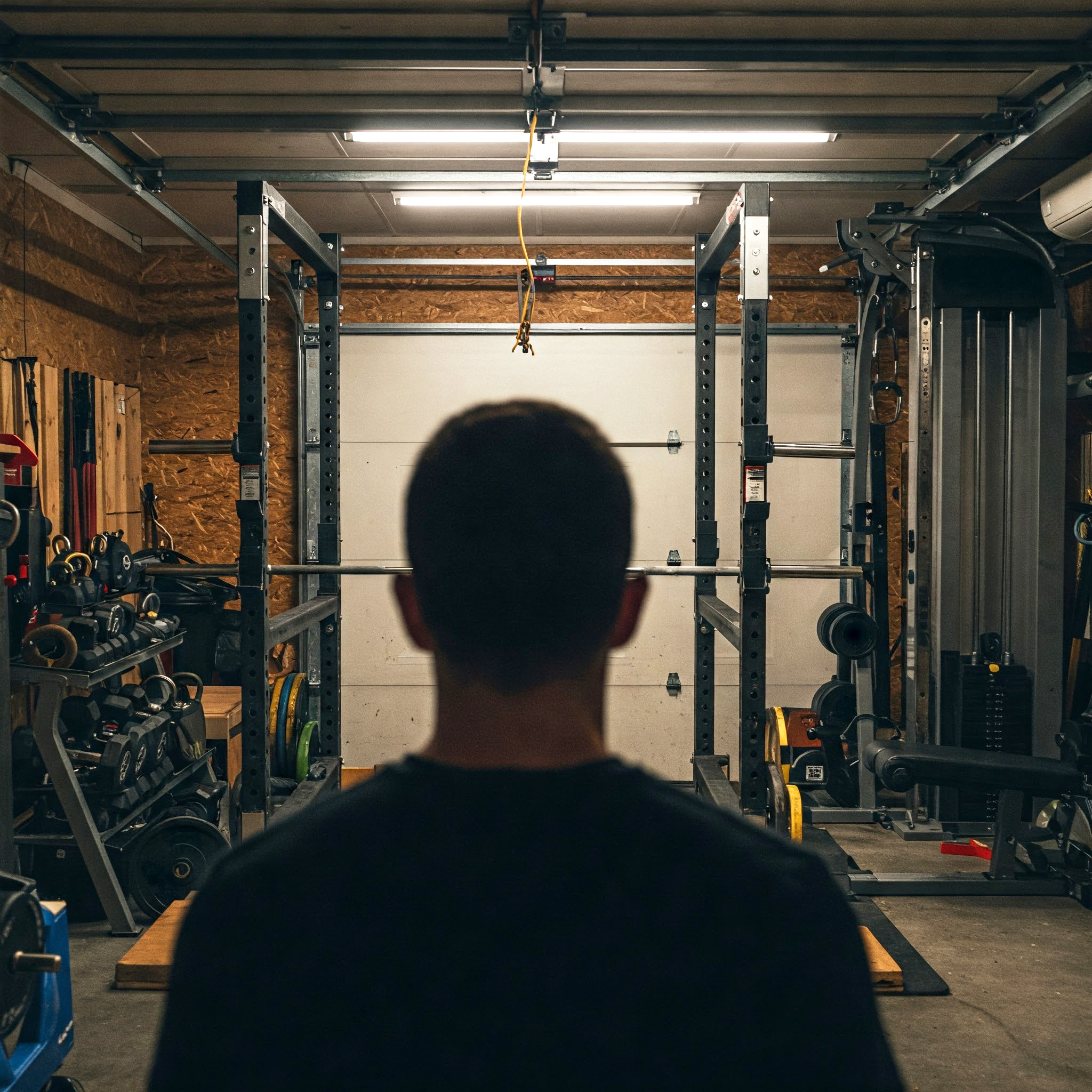 Person standing in a home gym with weightlifting equipment.
