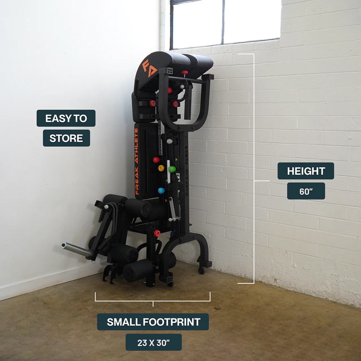 Compact fitness equipment stored in a corner, labeled 'Easy to Store,' 'Height 60', 'Small Footprint 23x30.”