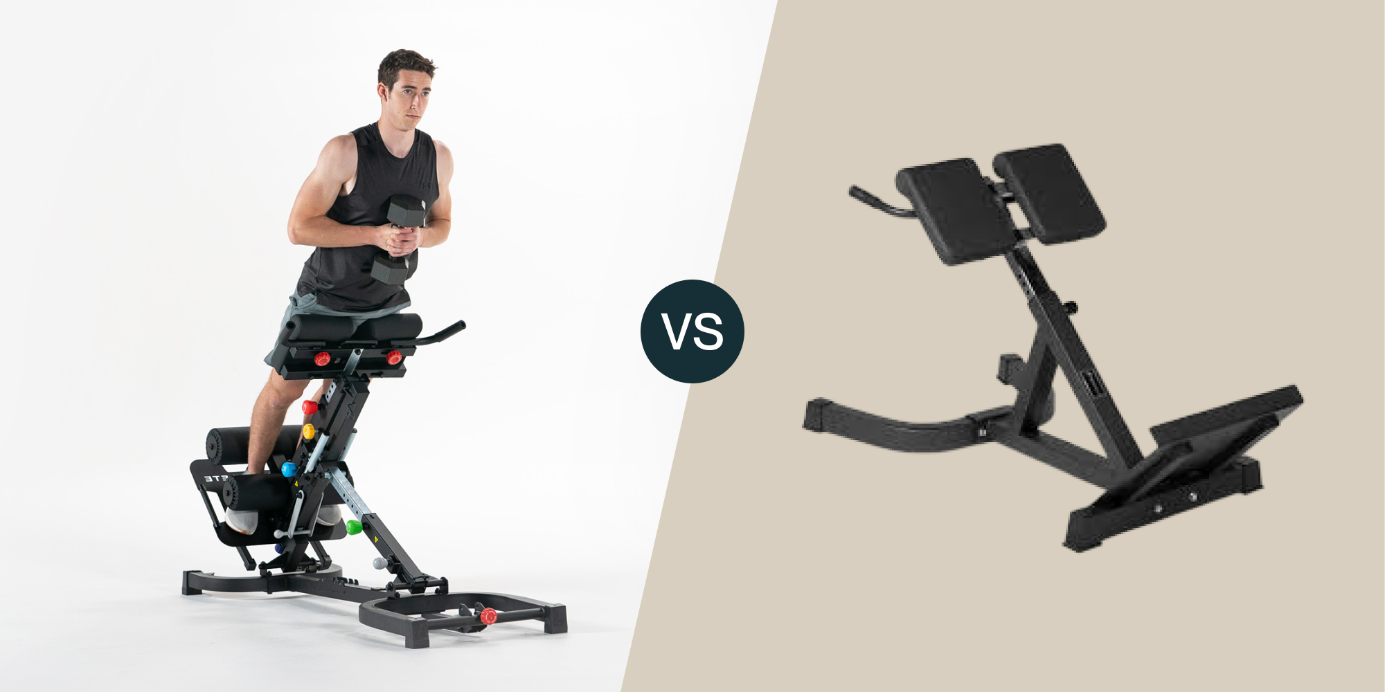 Comparison between two fitness equipment designs, featuring a man using one device.