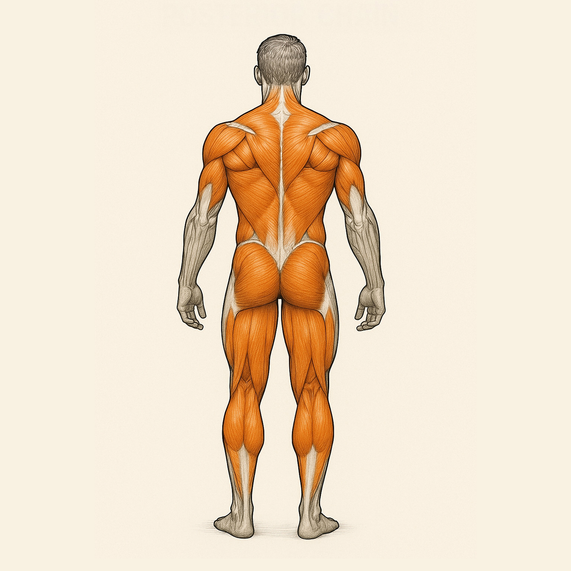 Illustration of human muscular system from the back, highlighting muscles in orange.