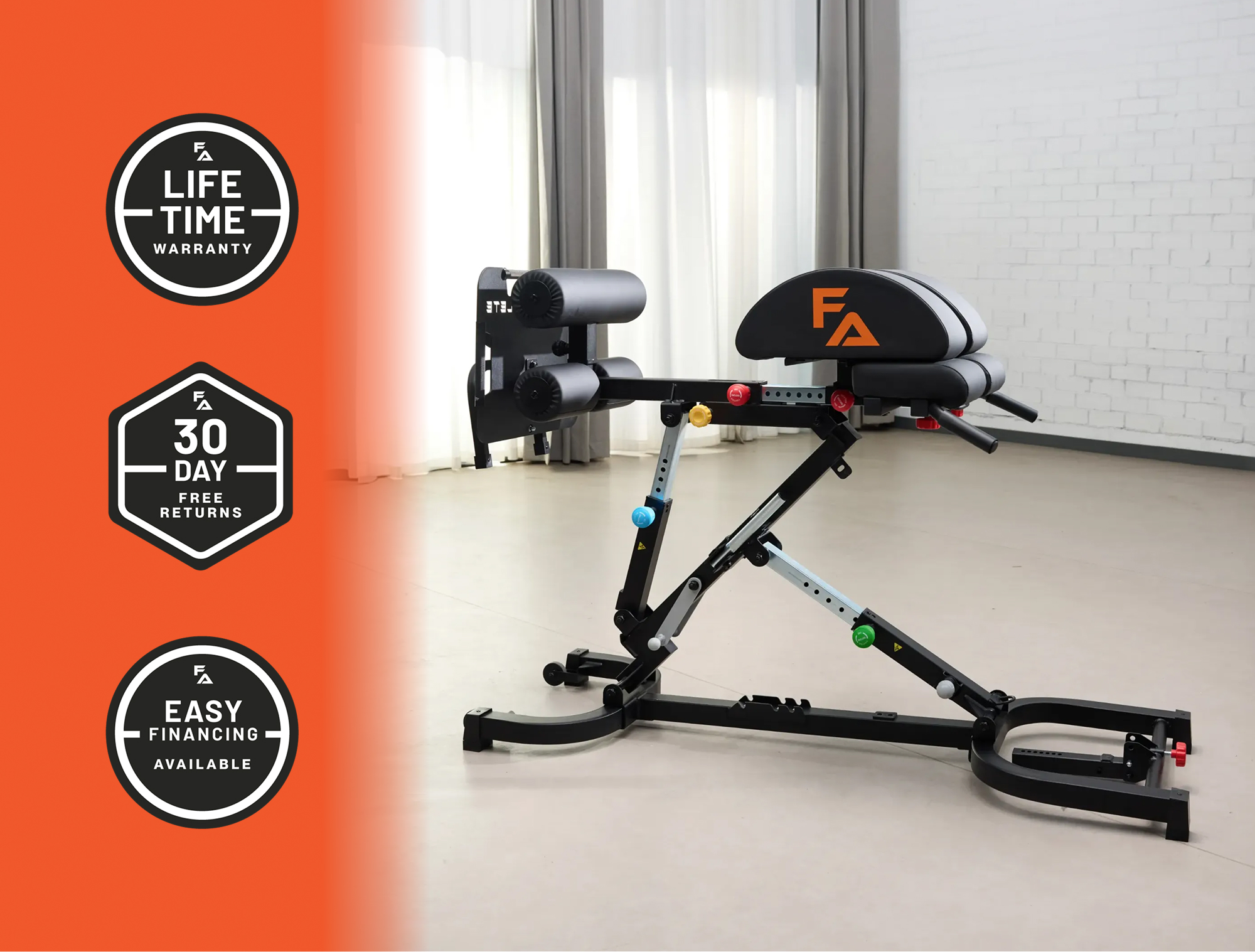 A black FA brand hyperextension exercise bench pictured indoors with promotional badges on the side.