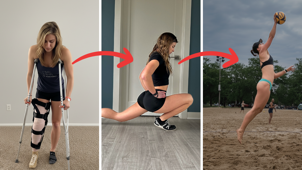 A three-panel image shows a woman's progression from crutches to exercising to playing beach volleyball.