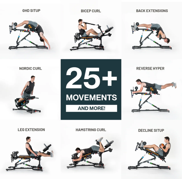 Exercise equipment demonstrating various exercises like bicep curl, back extensions, and leg extension.