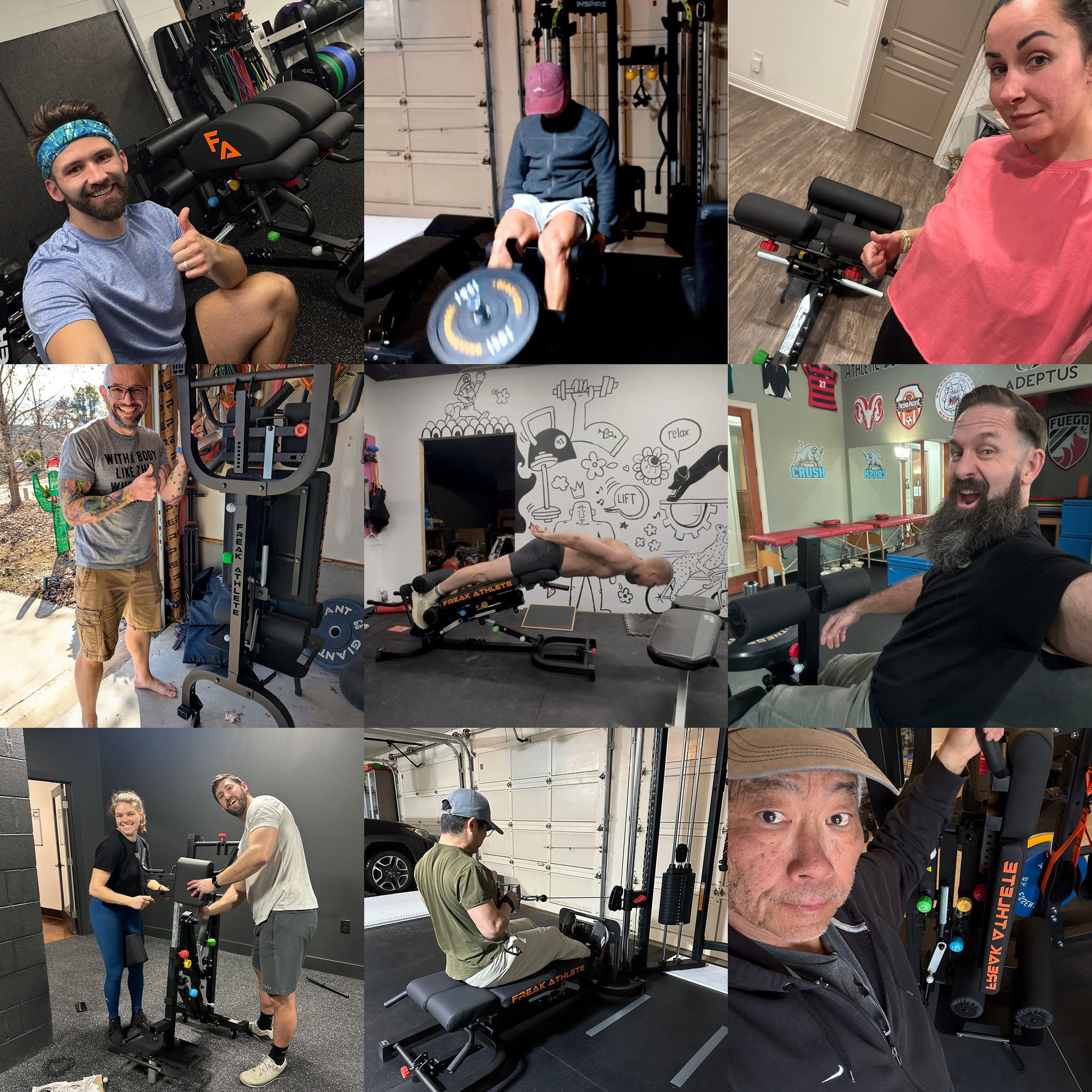 Collage of people using various gym equipment in different settings.