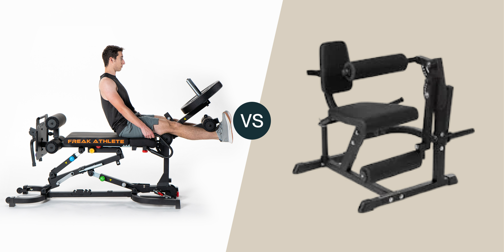 Two exercise machines compared: a seated leg press and a kneeling squat apparatus.