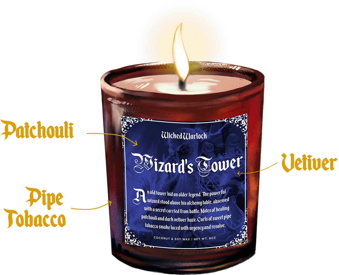 A lit candle labeled 'Wizard's Tower' with notes of patchouli, pipe tobacco, and vetiver.