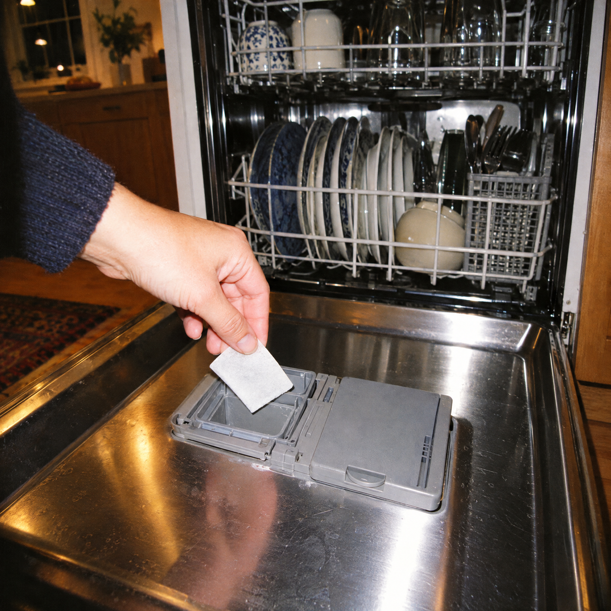 A person's hand placing a detergent tablet into the dispenser of a loaded dishwasher.