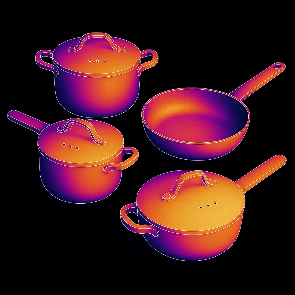 Colorful gradient cookware set on a black background.