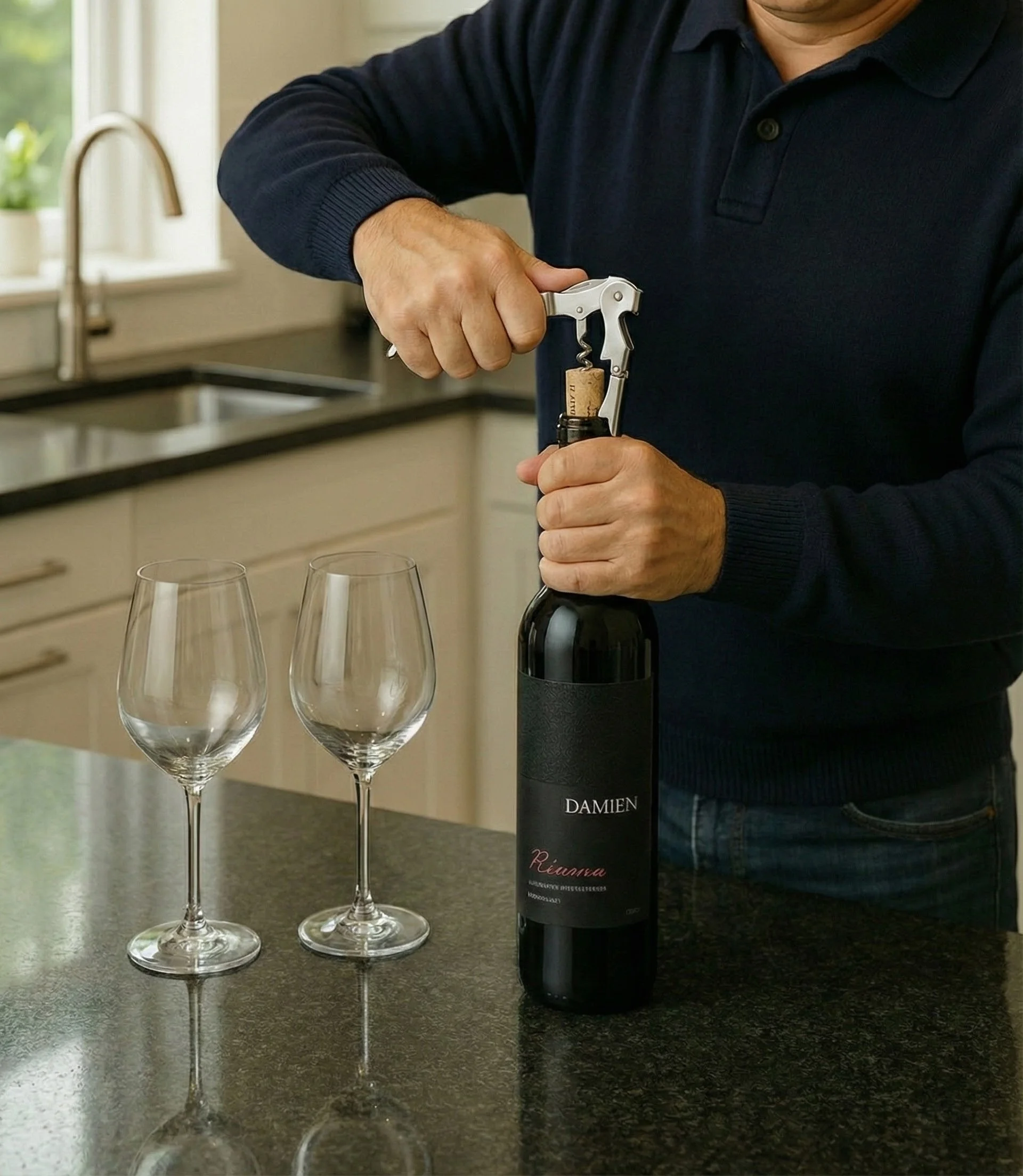 A person in a dark blue shirt opens a bottle of wine with a corkscrew in a kitchen.