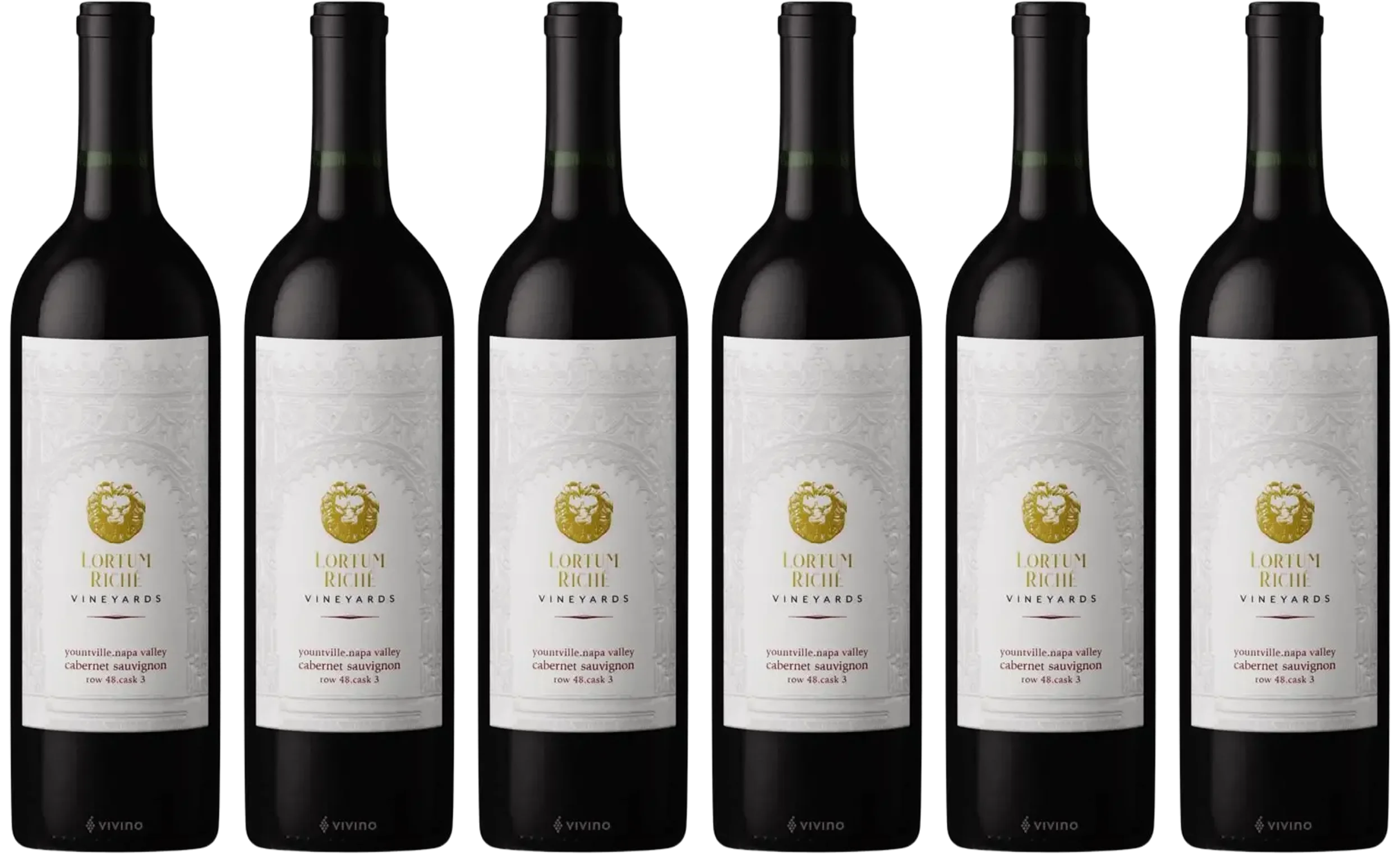 Six identical bottles of Lorium Riche Vineyards red wine are lined up in a row against a green background.