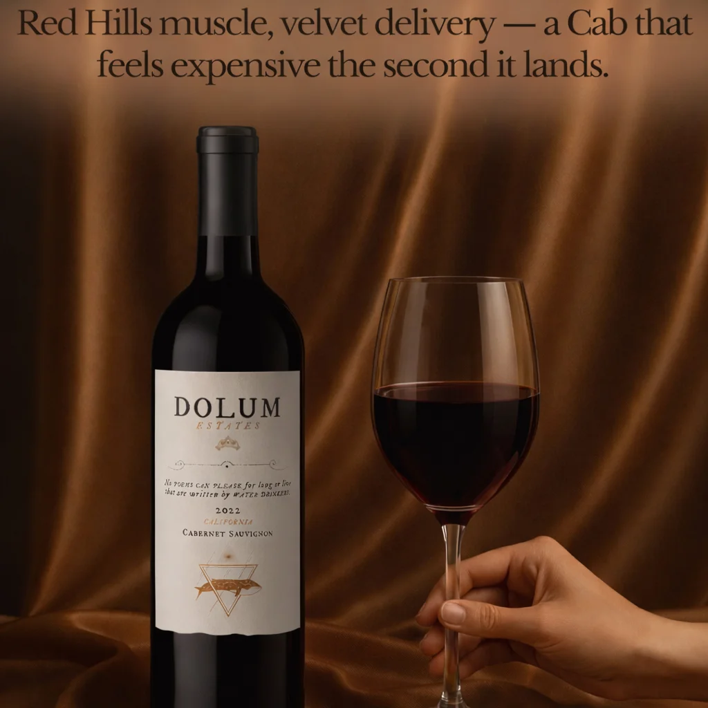 A hand holds a glass of red wine next to a bottle of Dolum Estates Cabernet Sauvignon.
