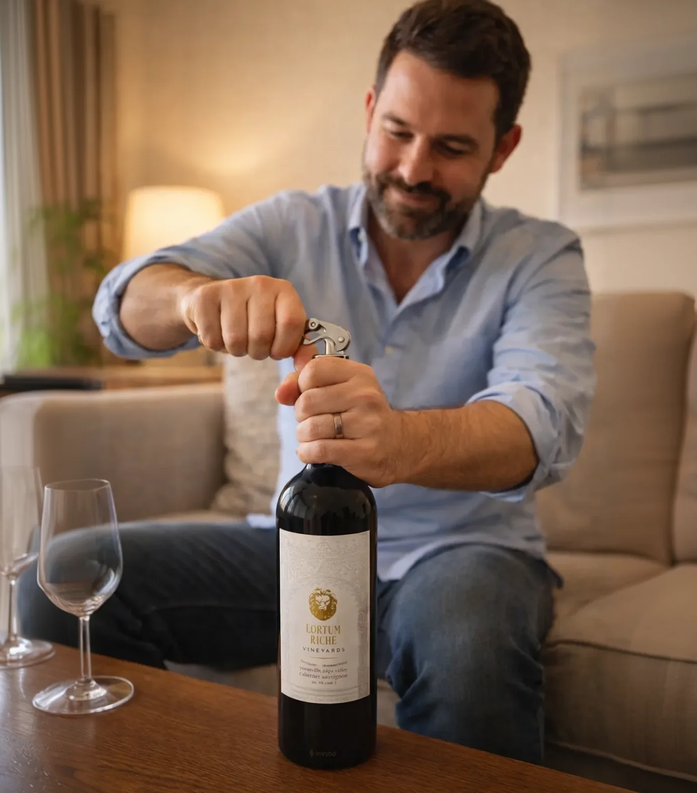 A smiling man sits on a couch while using a corkscrew to open a bottle of red wine.