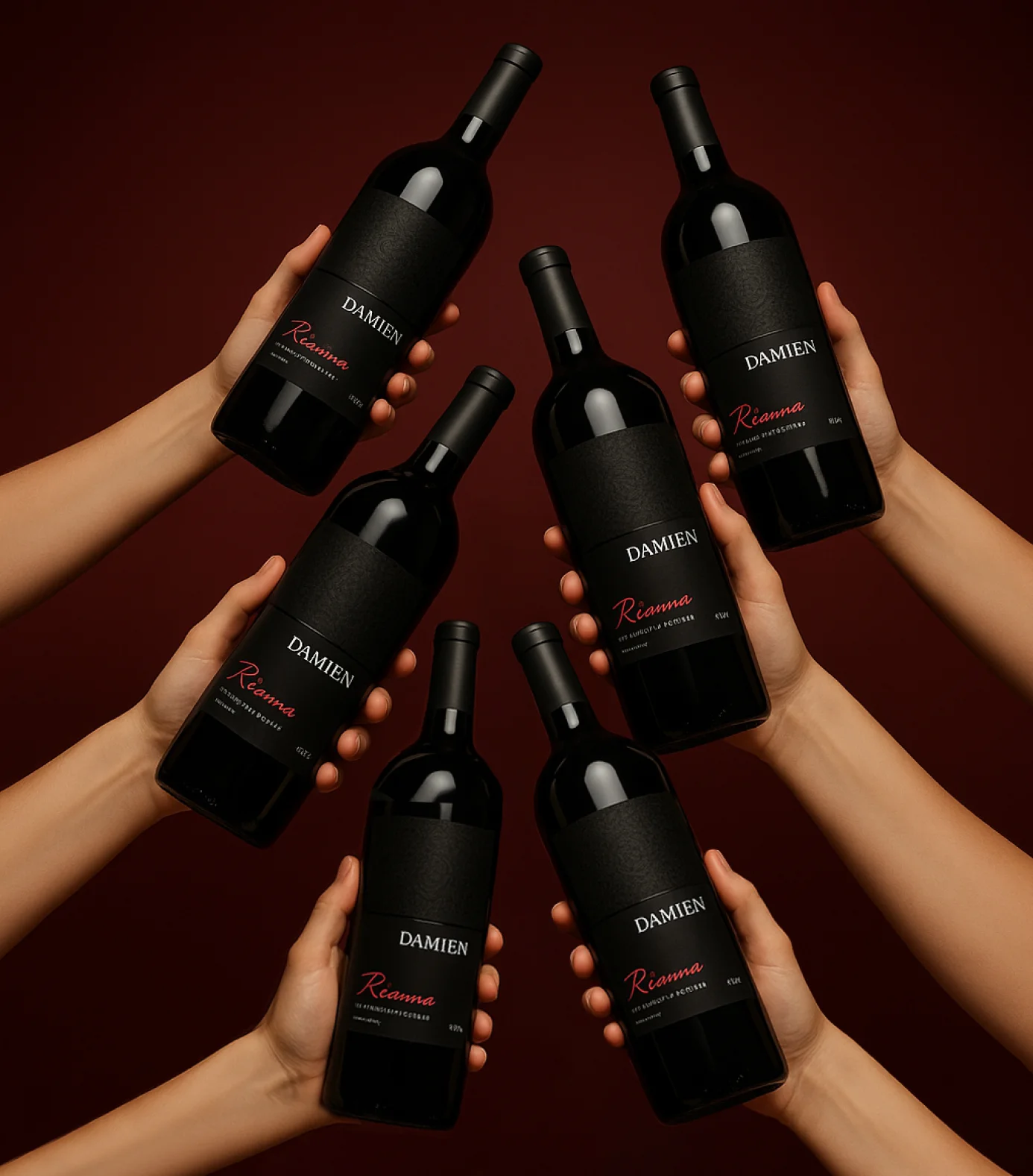 An overhead shot of multiple hands holding bottles of red wine with black labels against a maroon background.
