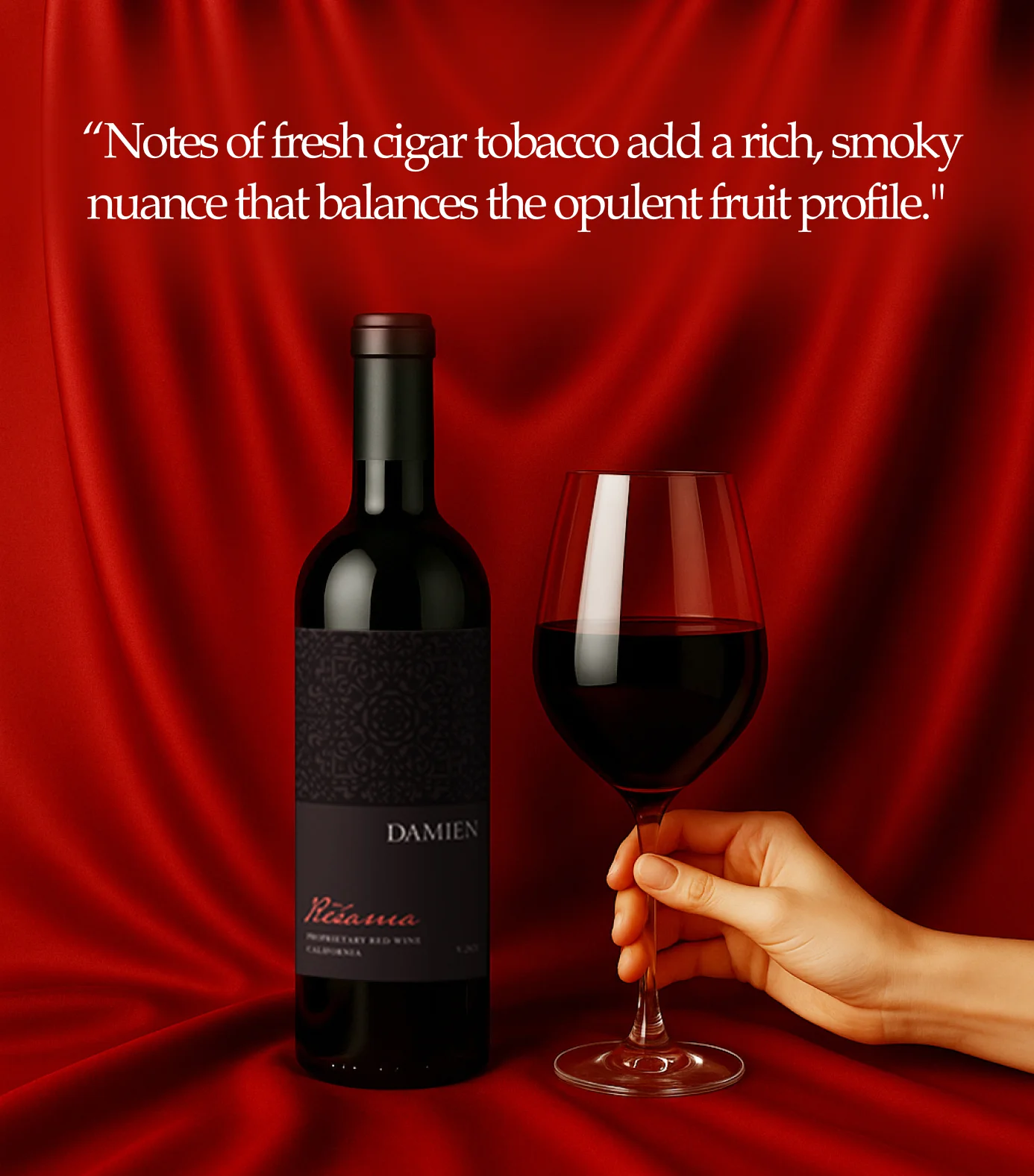 A hand holds a glass of red wine next to a bottle on a red satin-like background.