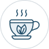 Icon of a steaming teacup with a leaf inside, on a light background.