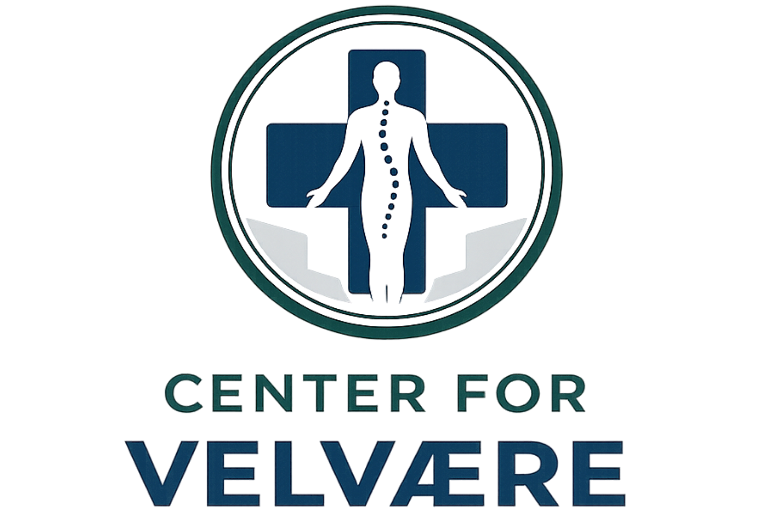 Logo for Center for Velvære, featuring a human silhouette with a visible spine over a medical cross.