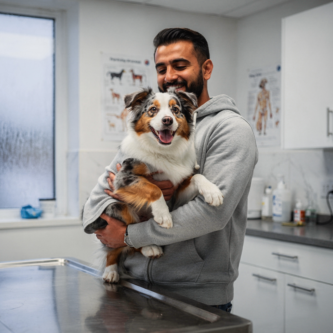 A smiling man holds a happy Australian Shepherd dog in a veterinarian's office exam room.