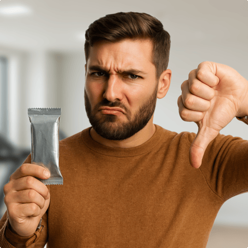 Person holding a silver packet, giving a thumbs down.
