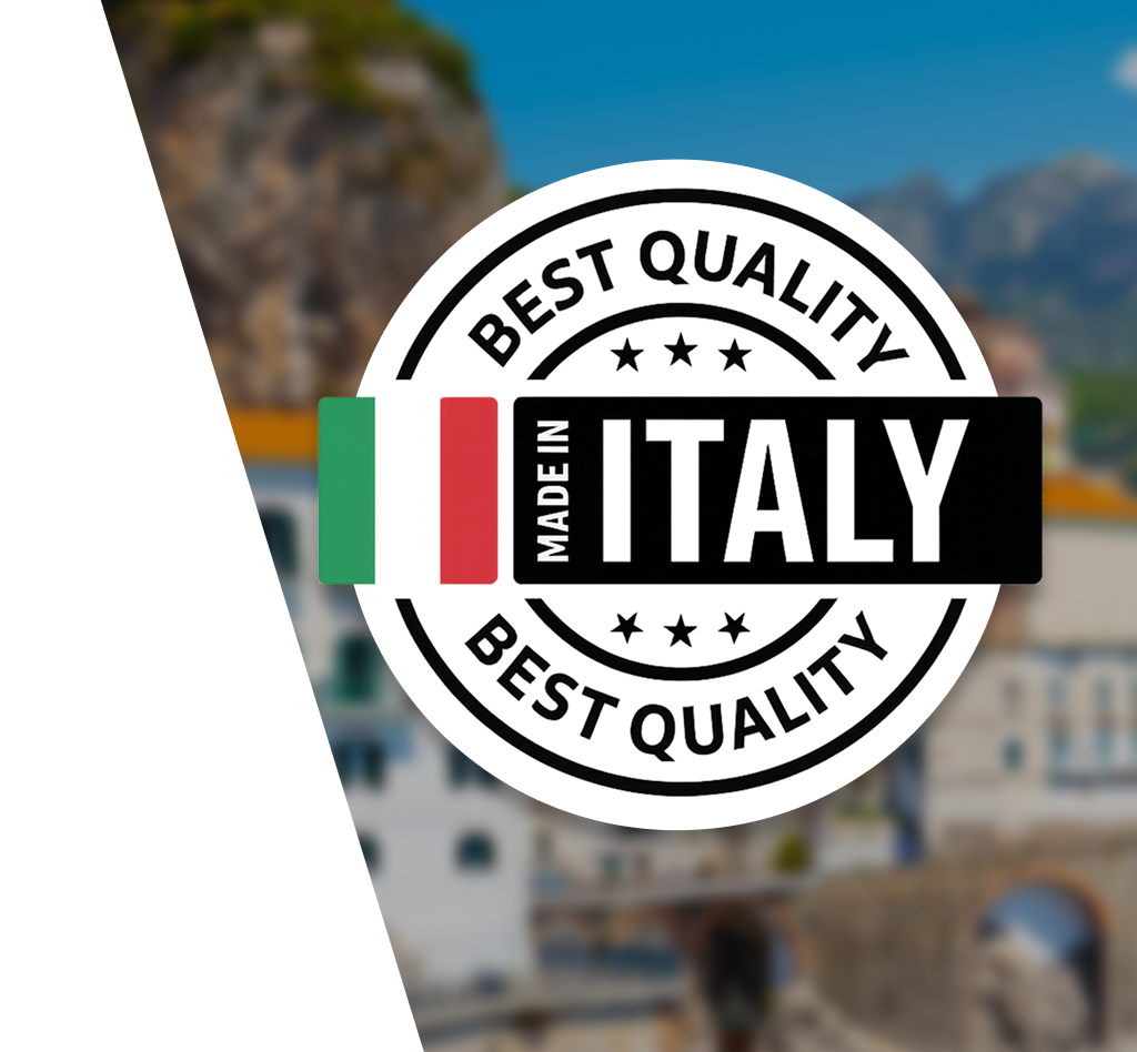 'Made in Italy' badge with Italian flag colors, blurred background.