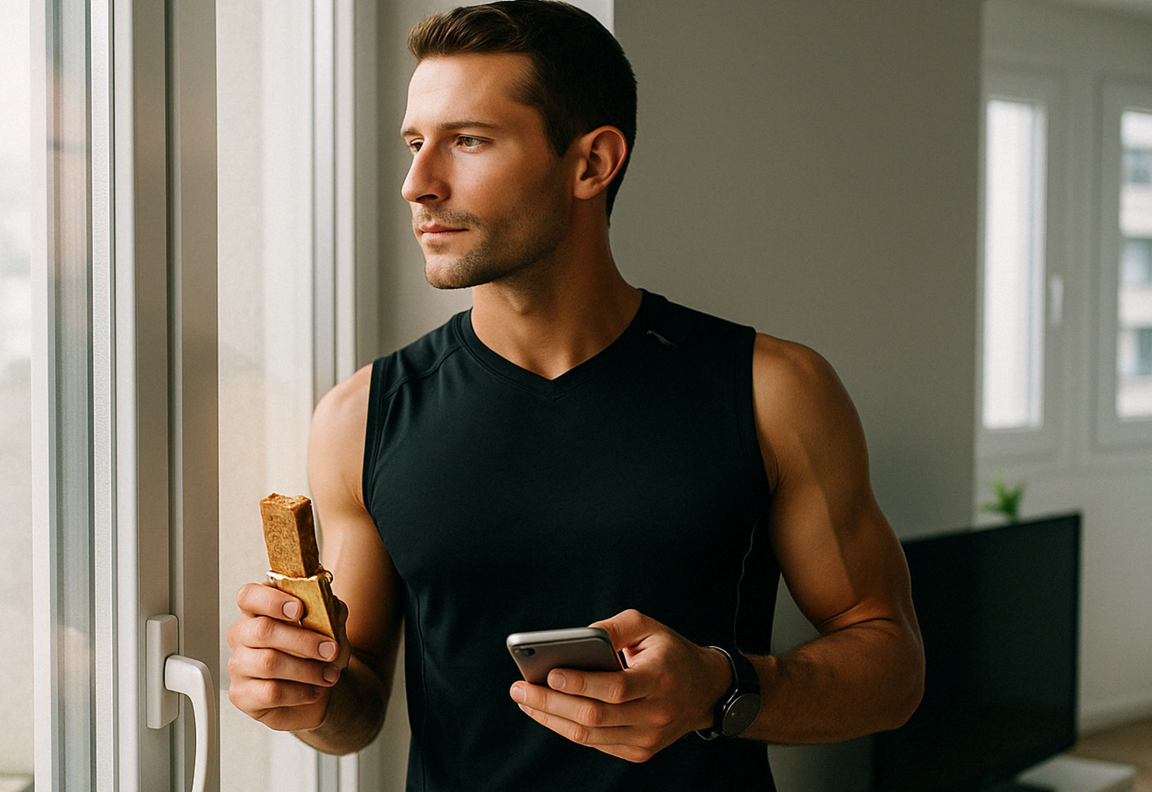 Man in black tank top holding a phone and snack bar by a window.