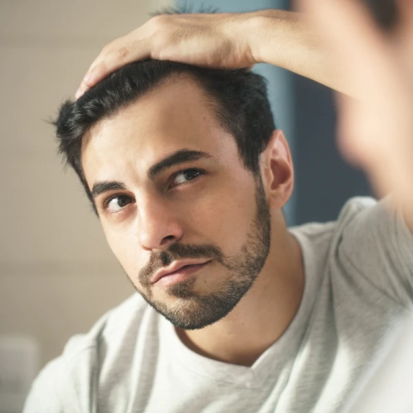 Man looking at his hair in a mirror, wearing a light gray shirt.