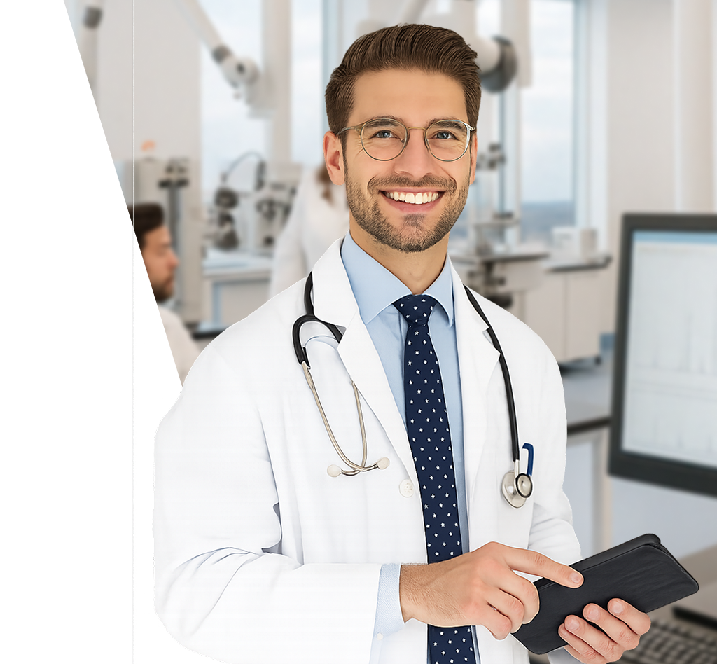 Smiling doctor in a lab coat with a stethoscope, holding a tablet in a medical setting.
