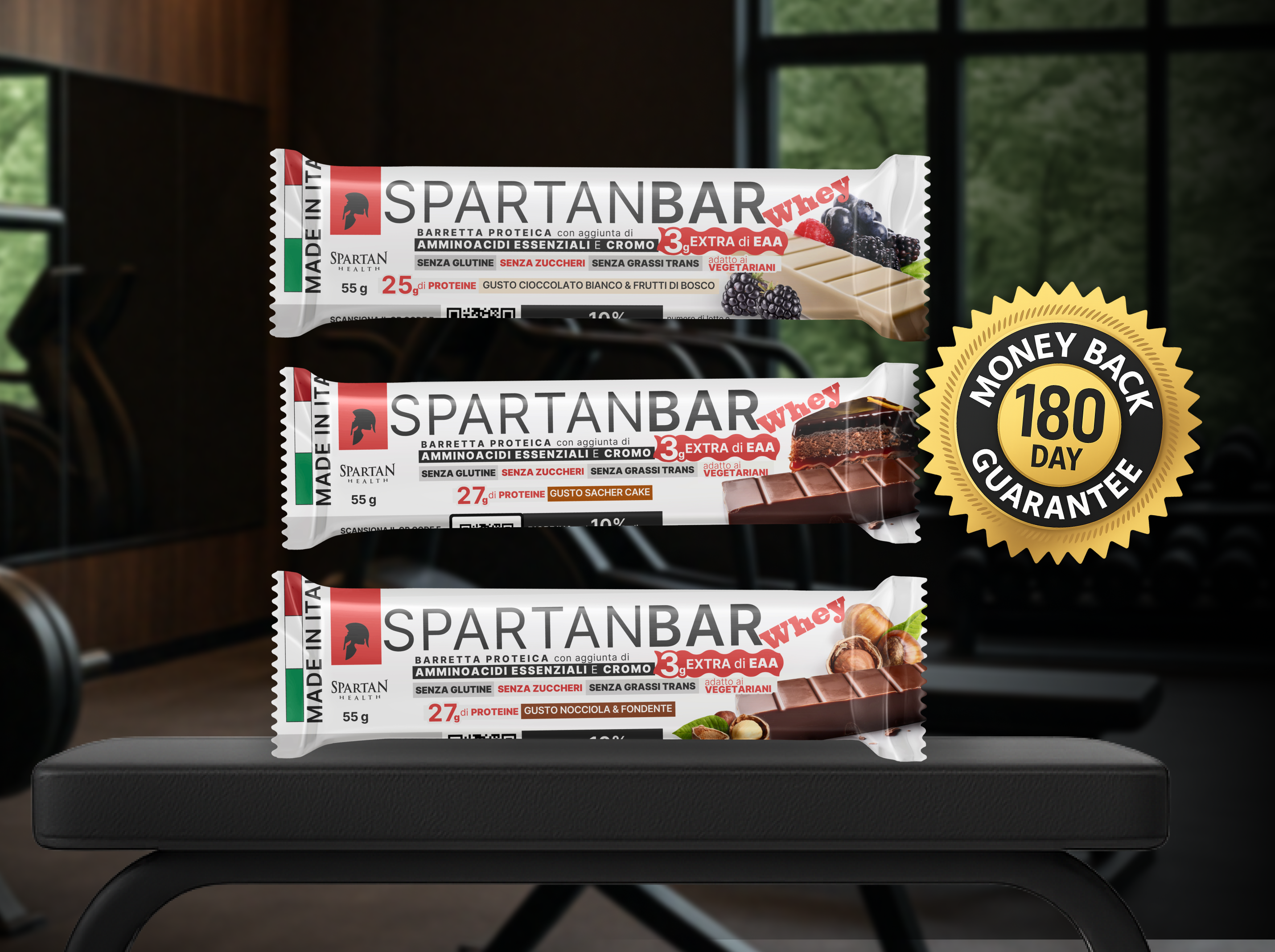Three SpartanBar protein bars on a gym bench with a 180-day guarantee badge.