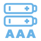 Blue icon of two AAA batteries with positive and negative symbols.