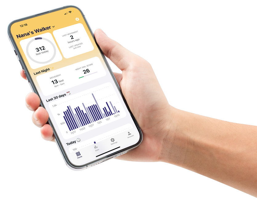 Hand holding a smartphone displaying a health tracking app with graphs and statistics.