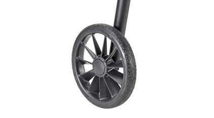 Close-up of a black wheel attached to a metal frame.