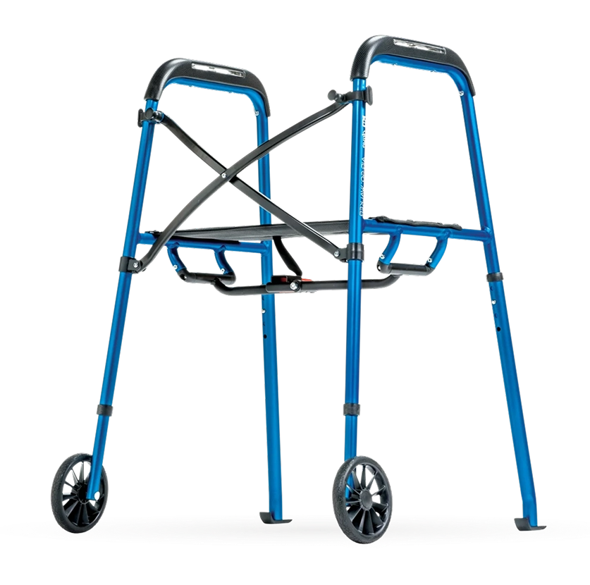 Blue walker with wheels on a white background.