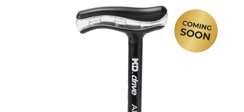 A walking cane with a transparent handle, and a 'Coming Soon' label.