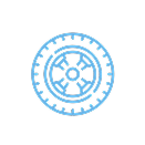 Blue outline of a car wheel on a black background.