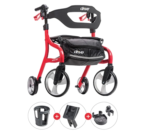 Red rollator walker with a storage bag and accessory attachments.