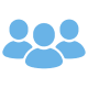 Simple blue icon of three people figures in a group.