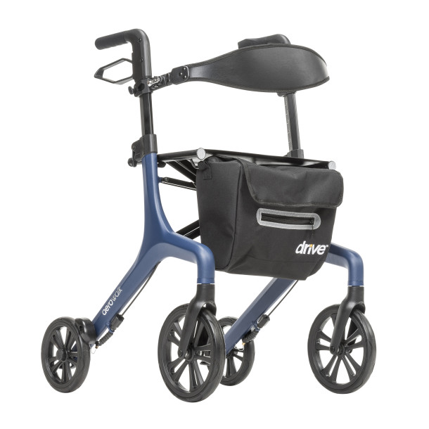 Blue rollator walker with a black storage bag and four wheels.
