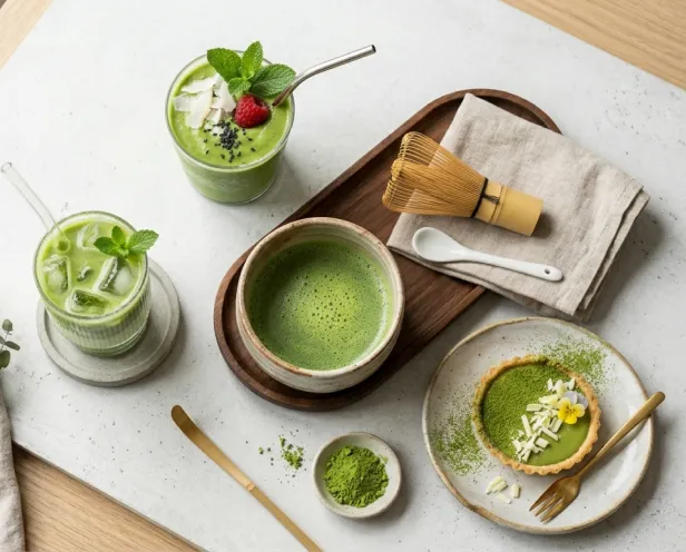 An assortment of green matcha drinks and a tart arranged on a light-colored surface.