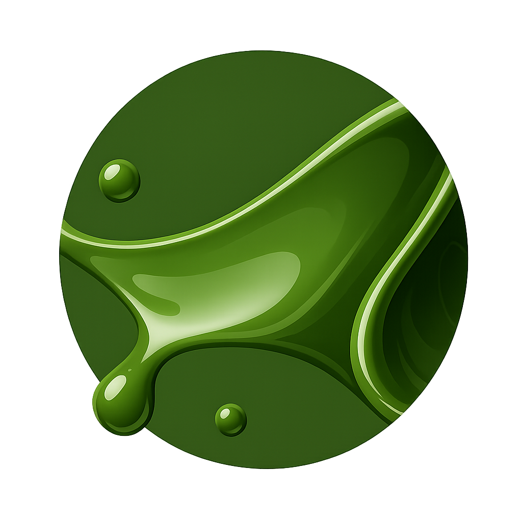 Abstract green circular design with glossy, flowing shapes and droplets.