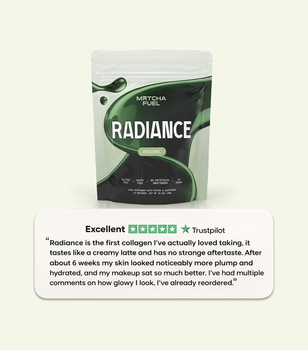 A pouch of Matcha Fuel Radiance original flavor with a five-star Trustpilot review below it.