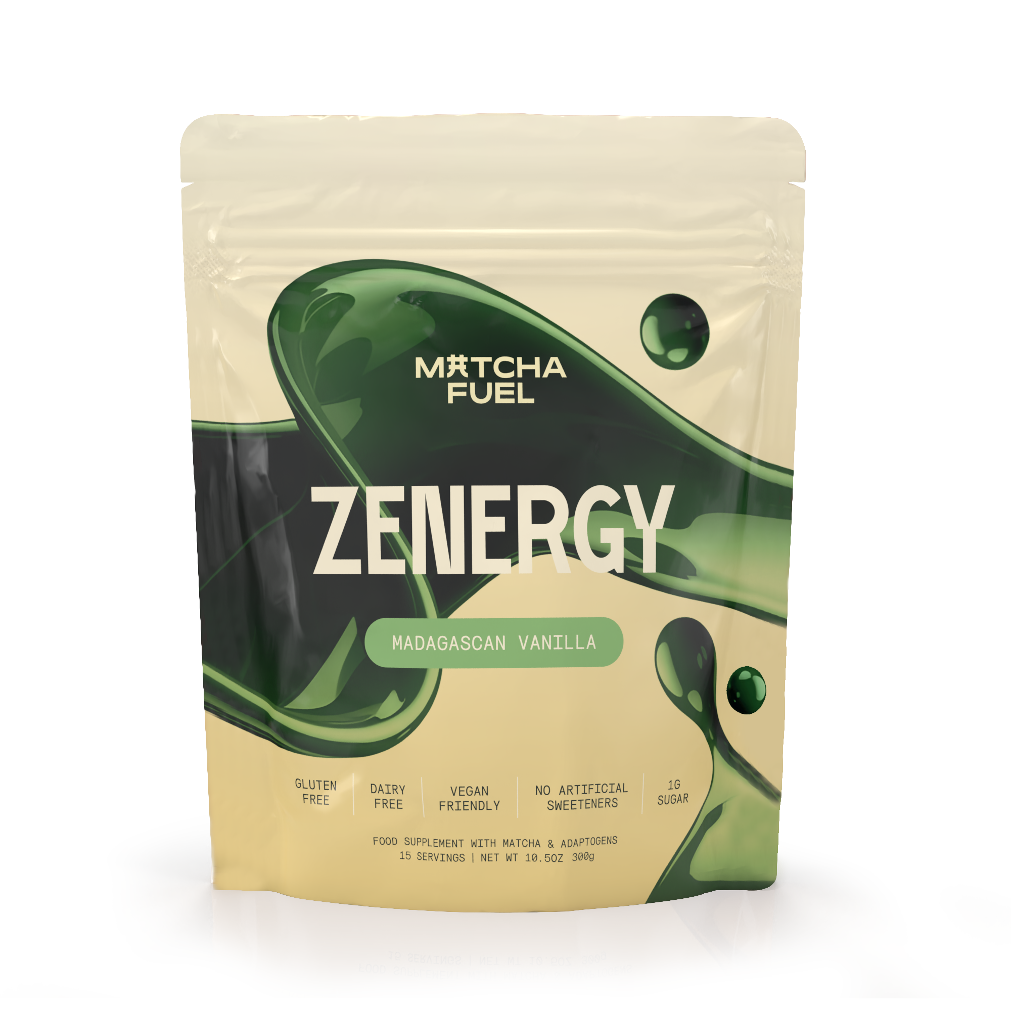 Packaging of matcha supplement named Zenergy, Madagascan Vanilla flavor.