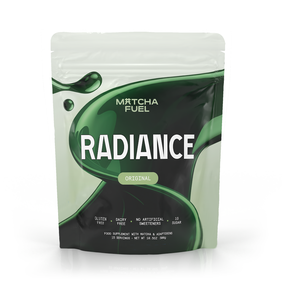 A white and green pouch of Matcha Fuel Radiance Original, a food supplement with matcha and adaptogens.