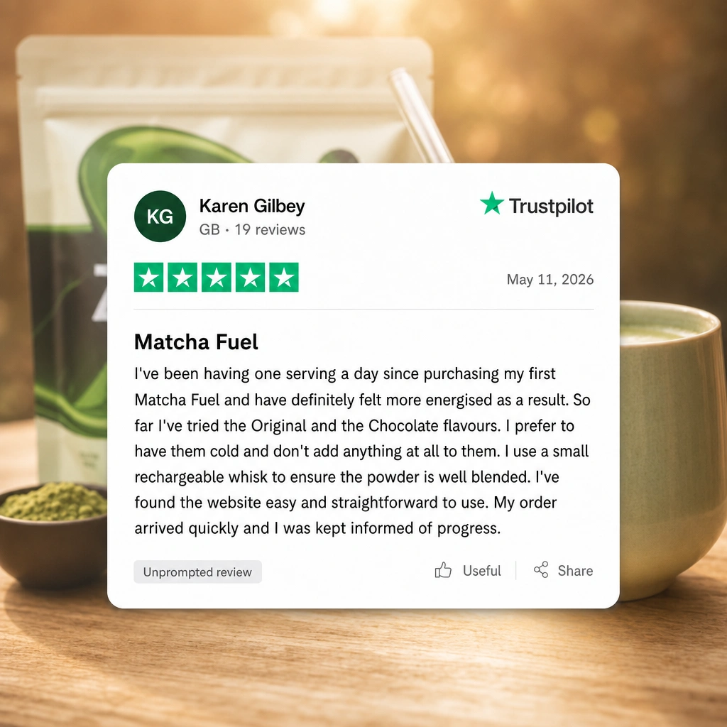 A five-star Trustpilot review for Matcha Fuel, shown with a pouch of the product and a prepared drink.