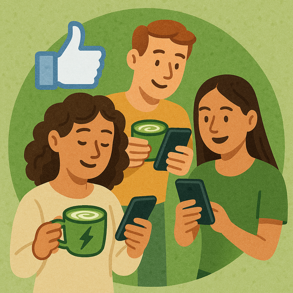 Three people with coffee cups, using smartphones, and a thumbs-up icon.