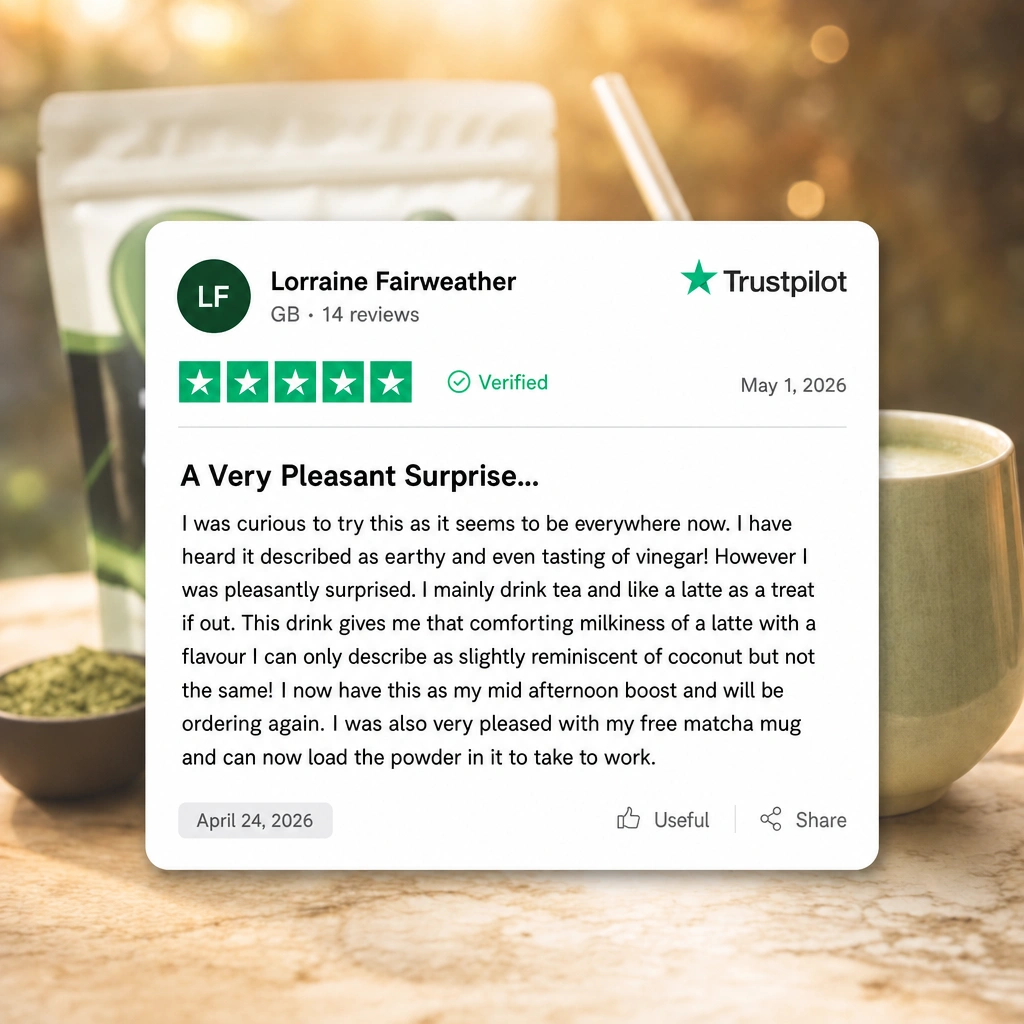 A five-star Trustpilot review for a matcha product, with the product and a prepared drink in the background.