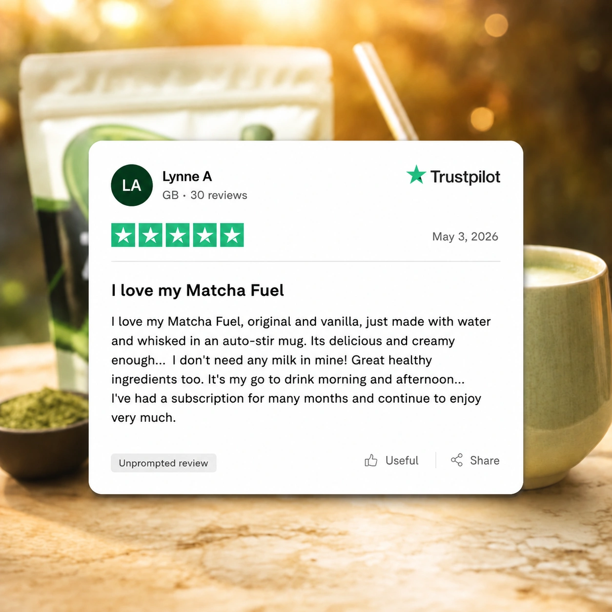 A 5-star Trustpilot review for Matcha Fuel with the product and a prepared drink in the background.