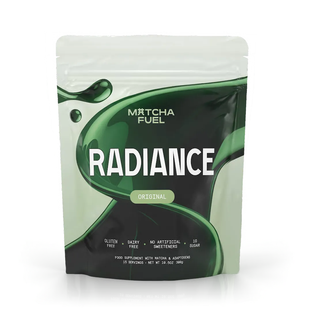 A white and green pouch of Matcha Fuel Radiance Original food supplement on a white background.