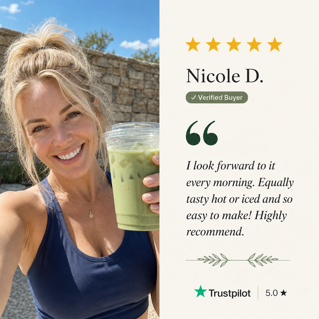 A split image with a woman holding a green drink and her 5-star customer review testimonial.