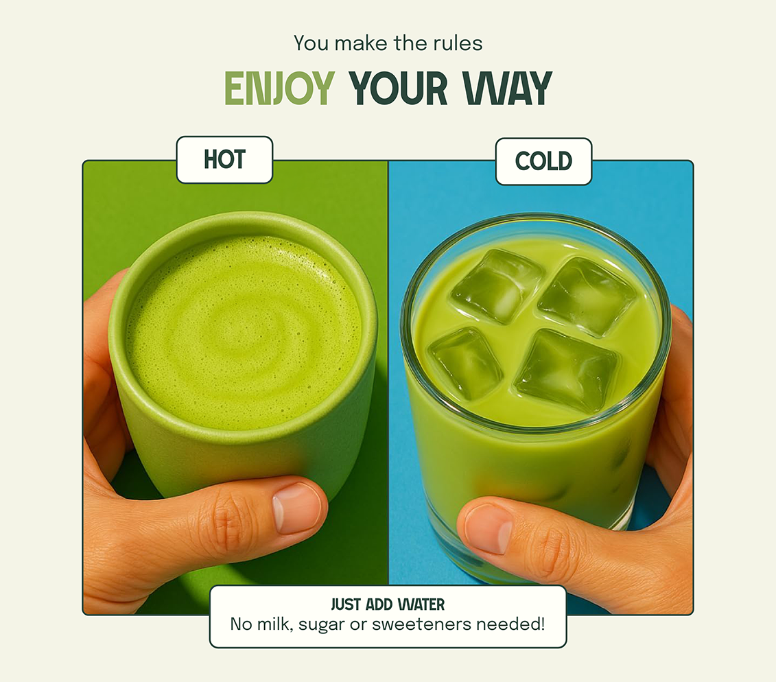 Two hands holding hot and cold green drinks, labeled 'HOT' and 'COLD.'