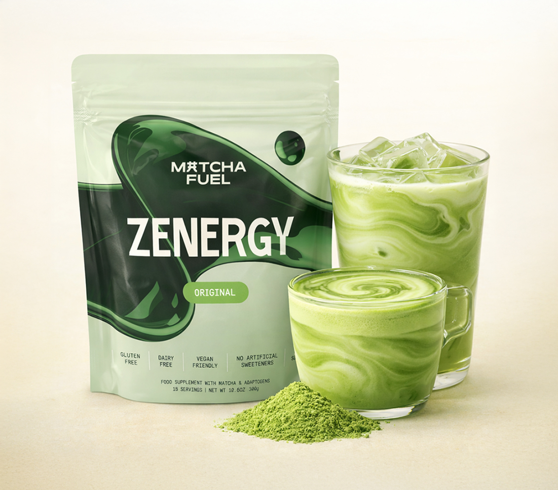 A pouch of Matcha Fuel Zenergy powder next to a steaming green latte in a glass mug.