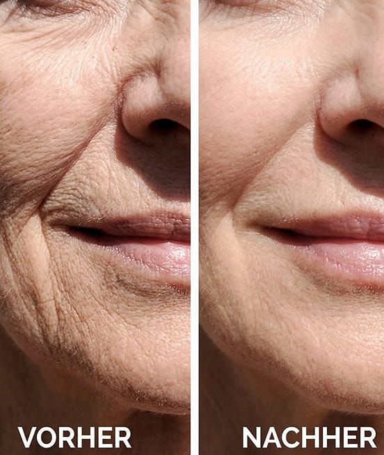 A before and after split-screen image showing the reduction of wrinkles on a woman's face.